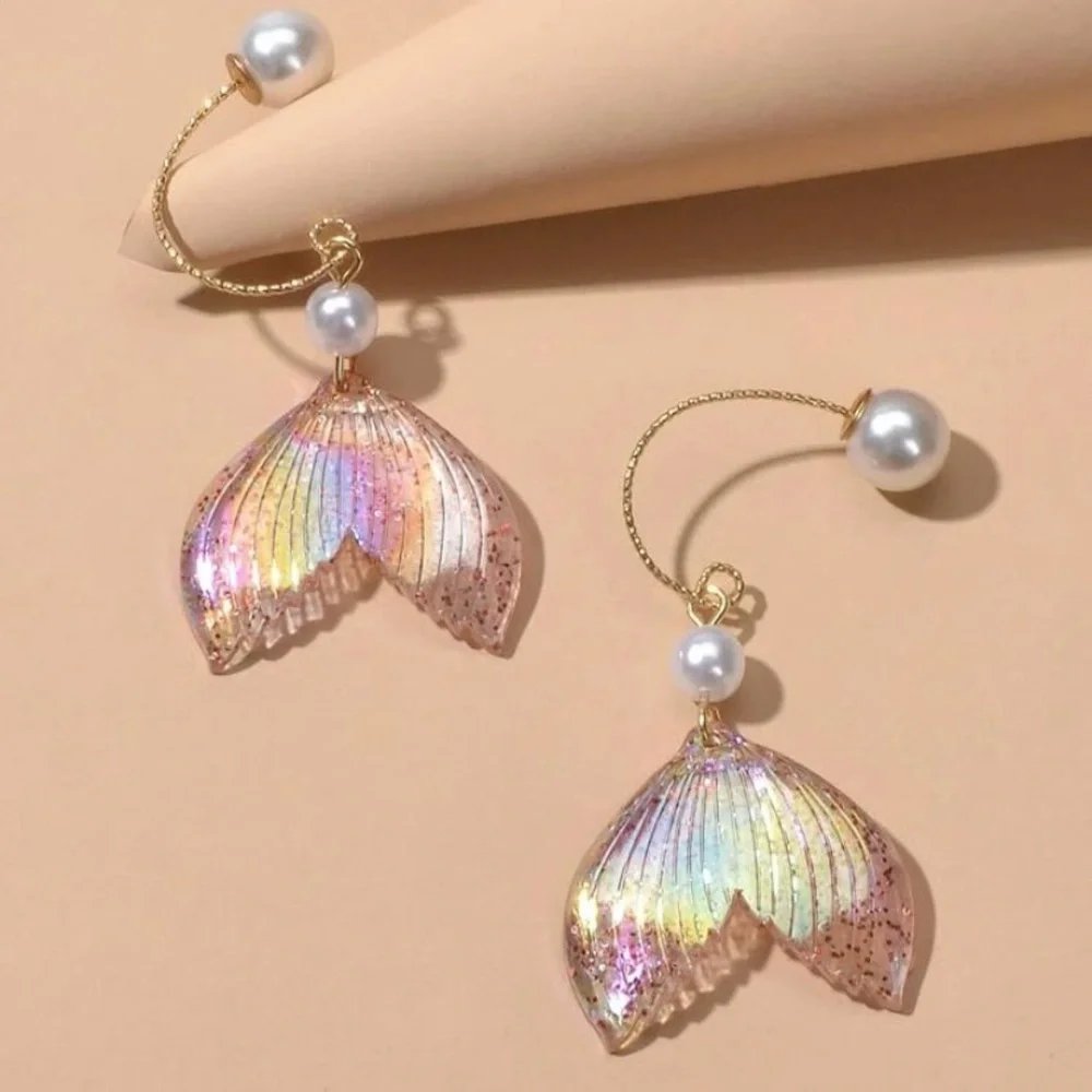 Faux pearl incandescent glitter Mermaid tail dangle drop statement earrings